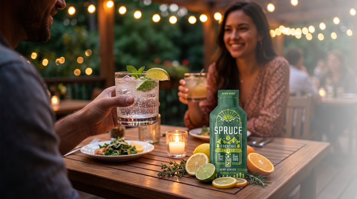 Woman enjoying Spruce THC Cocktail on mountain deck